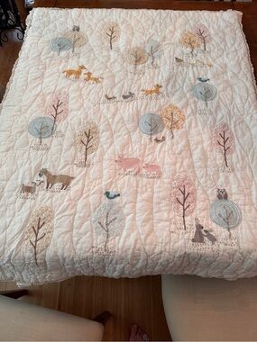 Quilted Forest Animals Cotton Baby Quilt and fitted sheet - Pink, Blue, Cream